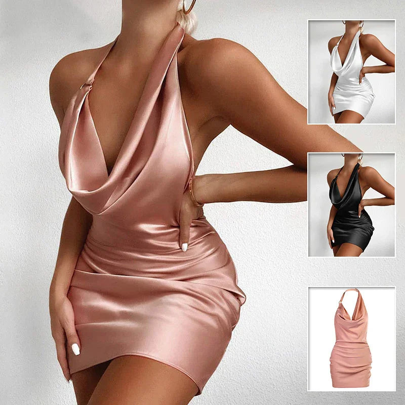 Pink satin halter neck mini dress with ruched detail, shown in white and black options