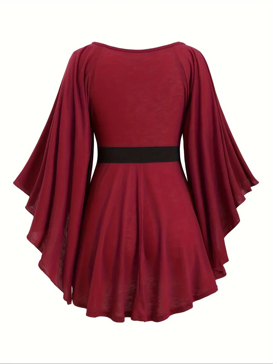 Burgundy wrap dress with cape sleeves and heart buckle belt, stylish women's fashion