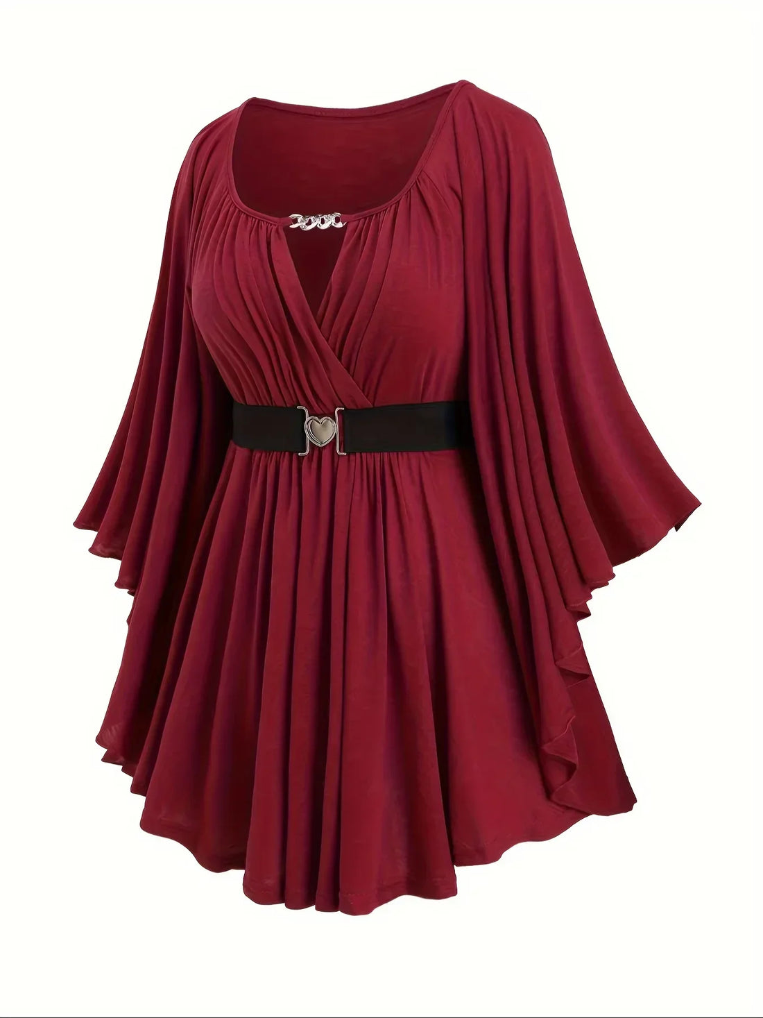 Burgundy wrap dress with cape sleeves and heart buckle belt, stylish women's fashion