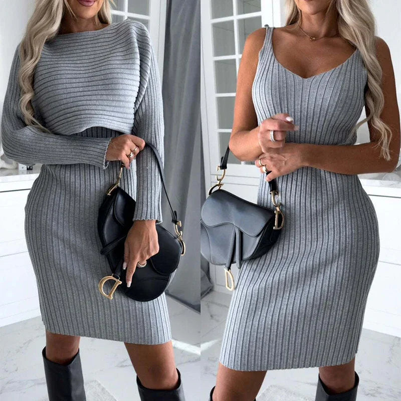 Gray ribbed knit dress with long sleeves and V-neck, paired with black boots and handbag